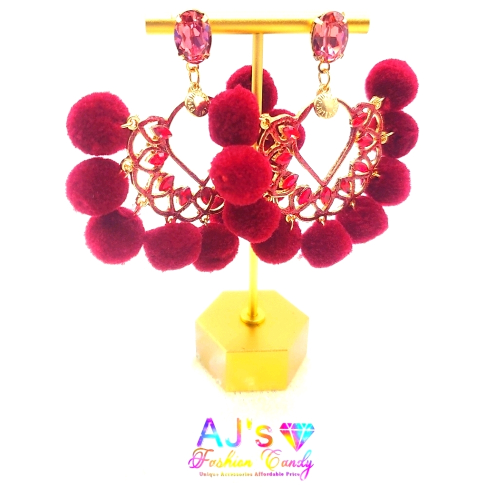 Burgundy Pom Pom Chandelier Earrings